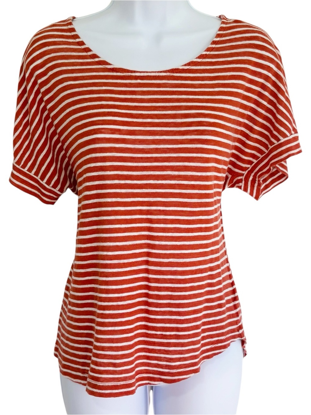 CHRISTIAN SIRIANO 100% Linen Striped Asymmetrical Short Sleeve Top Medium